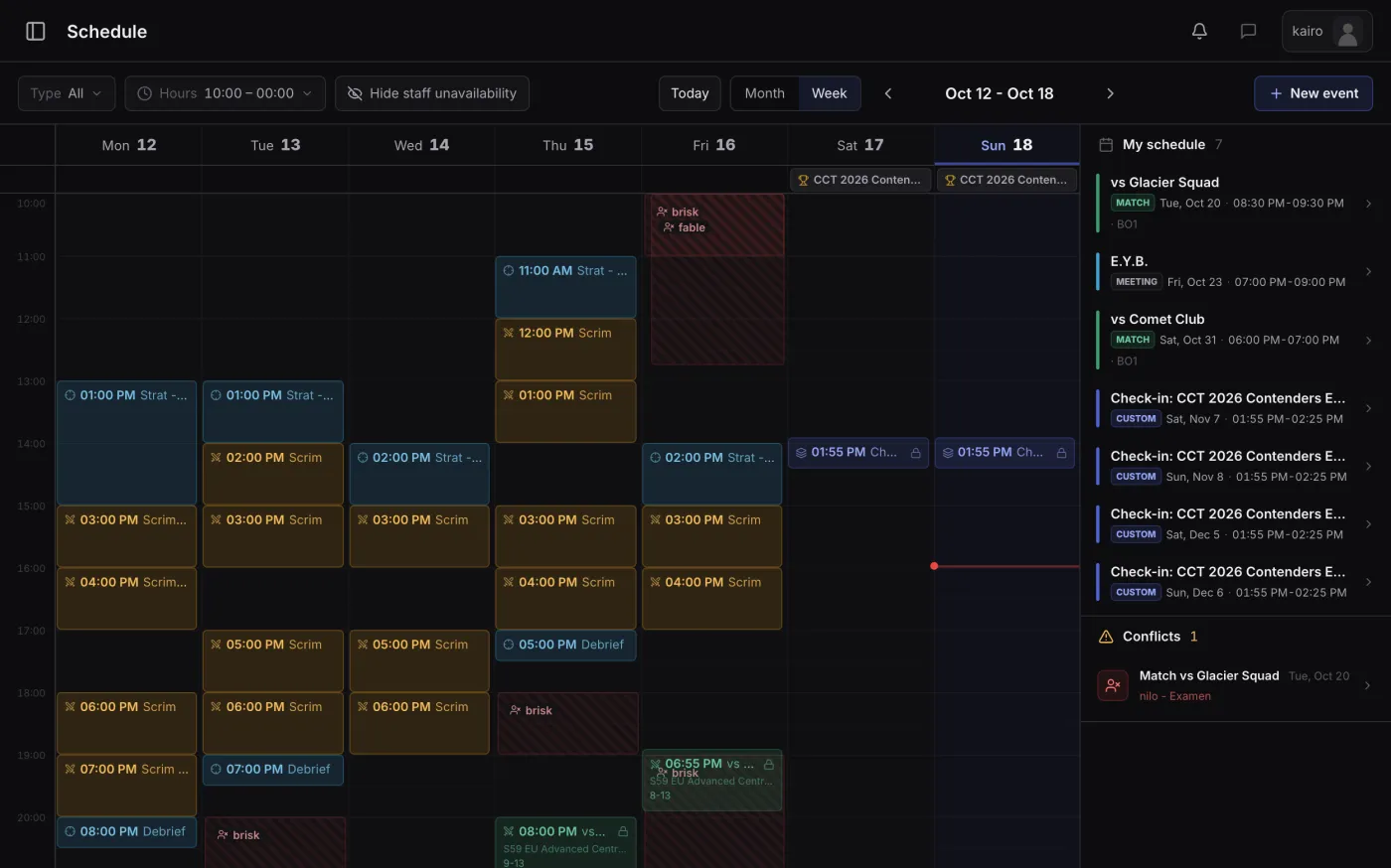 A team's weekly schedule in Teamwise: practices, scrims, officials and availability