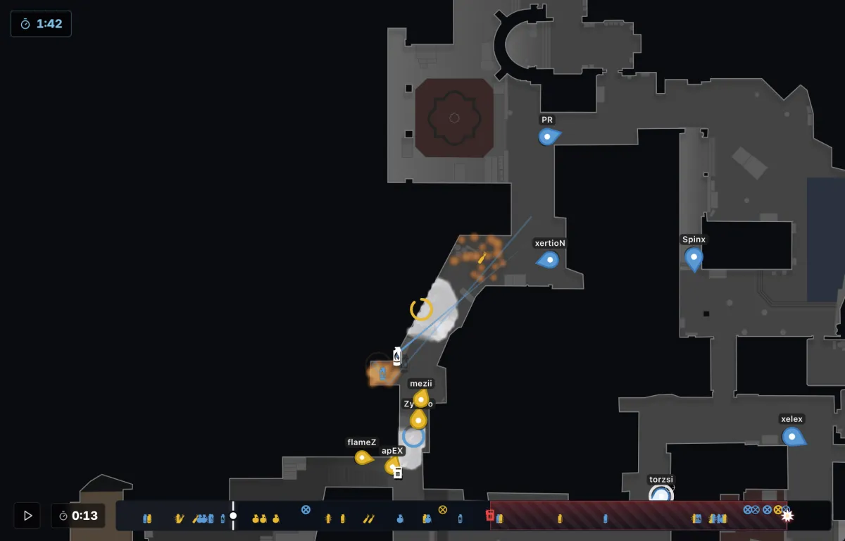 2D demo: a round of Vitality vs MOUZ on Inferno, positions and utility