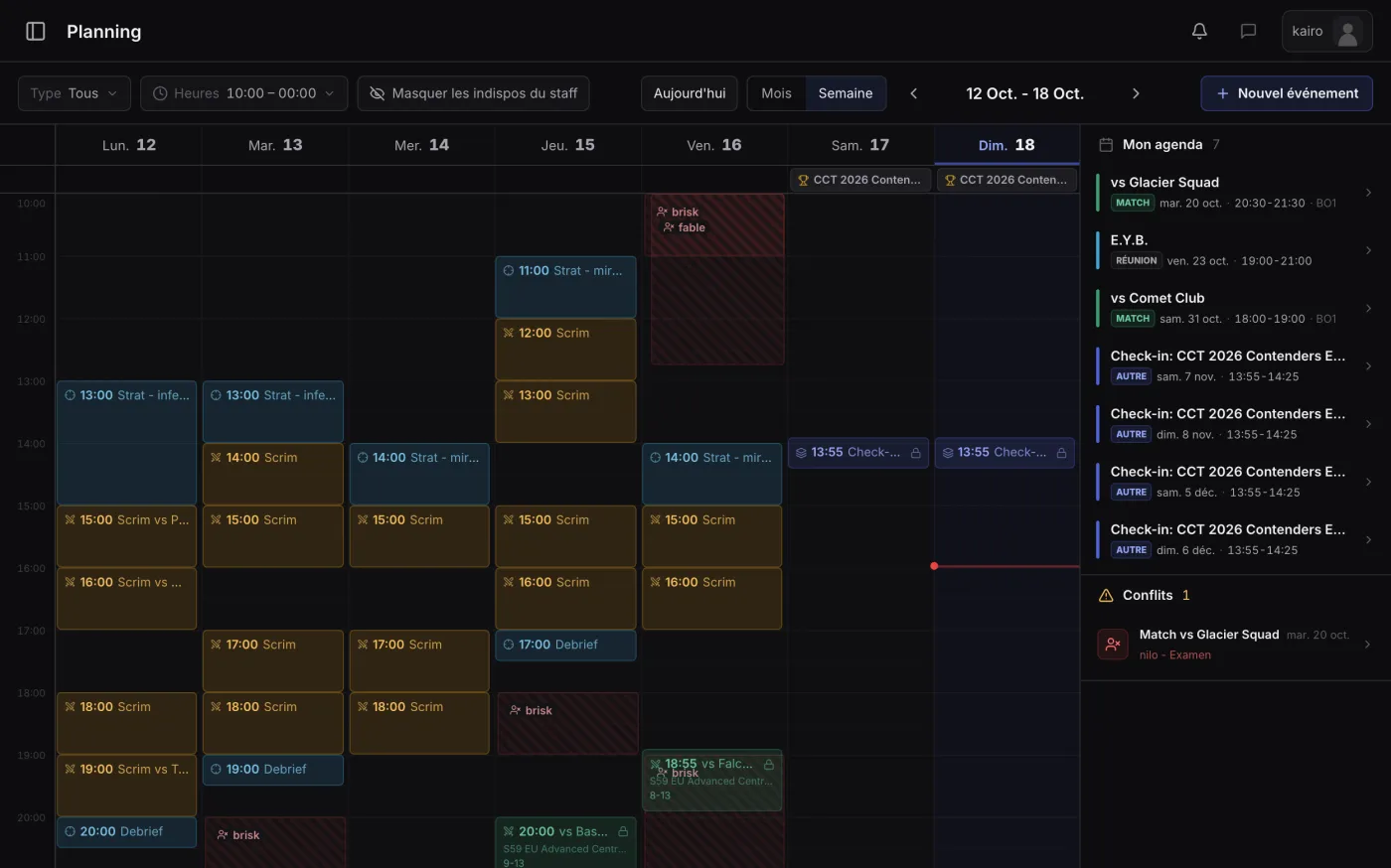 Le planning de la semaine d'une équipe dans Teamwise : practices, scrims, officiels et disponibilités