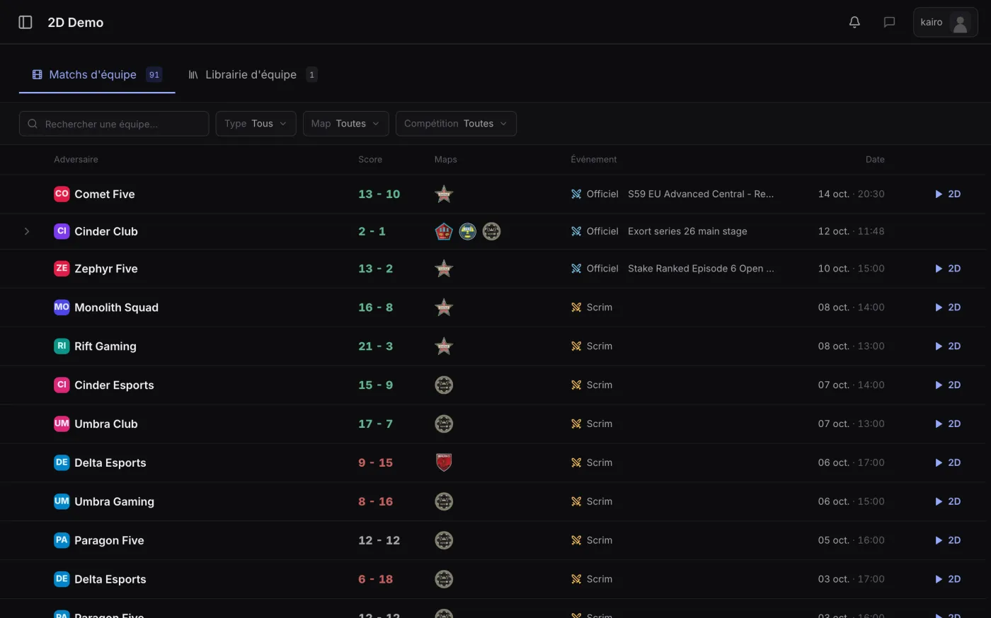 Les démos d'une équipe dans Teamwise : chaque match analysé, prêt en 2D